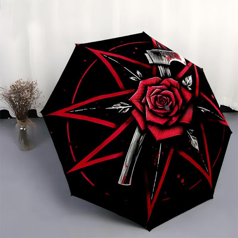 1pc Red Rose Pentagram Axe Symbol Umbrella with Plastic Handle,Suitable for All Seasons Home Travel Outdoor UmbrellaDD1025