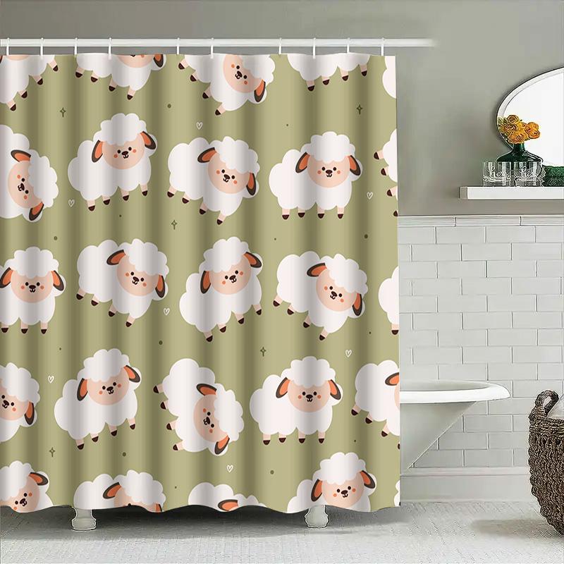 Farm Fresh Sheep Print Shower Curtain Cute Animal Decor For Bathroom Green Background With White Sheeps Waterproof Fabric Materi