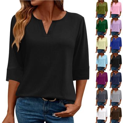 Damenmode Lässig V-Ausschnitt 3/4-Ärmel Locker Einfarbig T-Shirt Damenoberteil