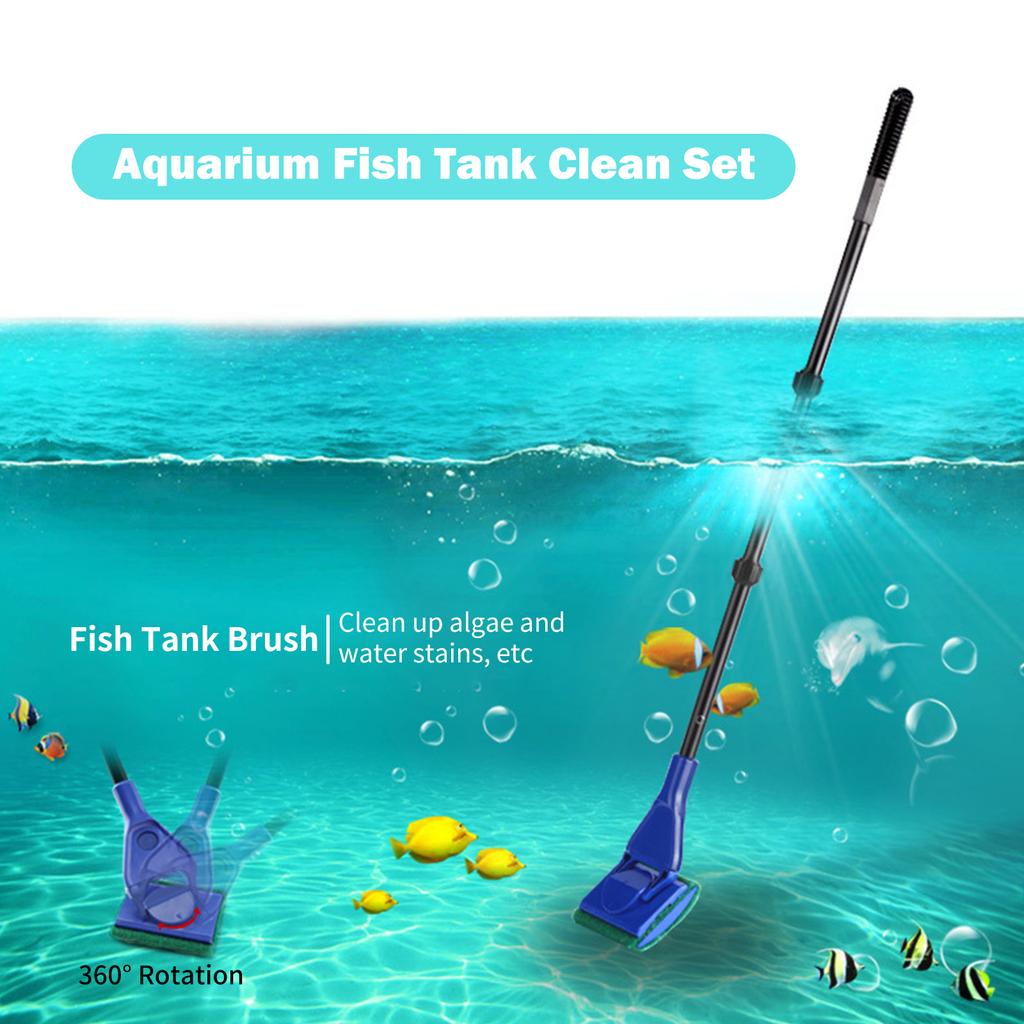 6 In 1 Fish Tank Cleaning Tool Algae Cleaning Tool with Gravel Rake Brush Fish Net Scraper Fish Tank Telescopic Long