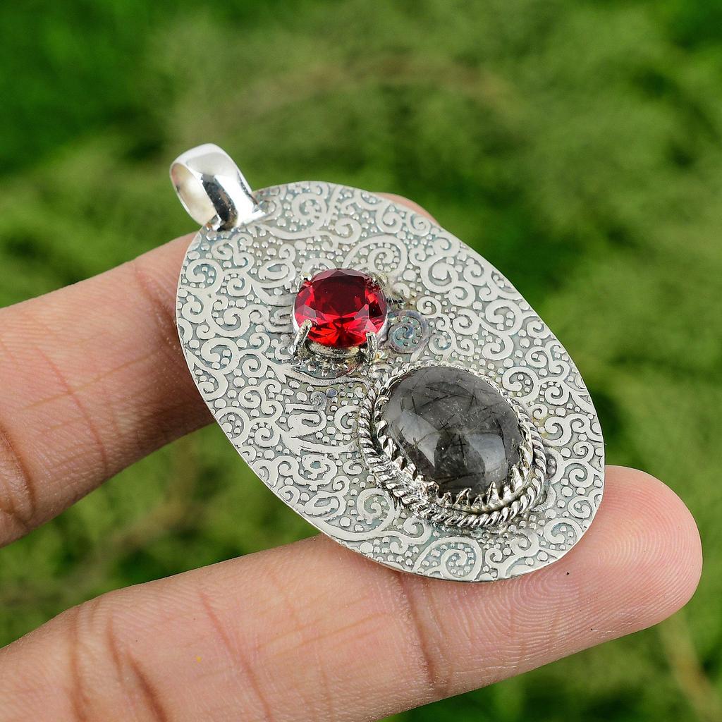 Natural Black Rutilated Quartz Rubellite Sterling Silver Wedding Elegant Pendant