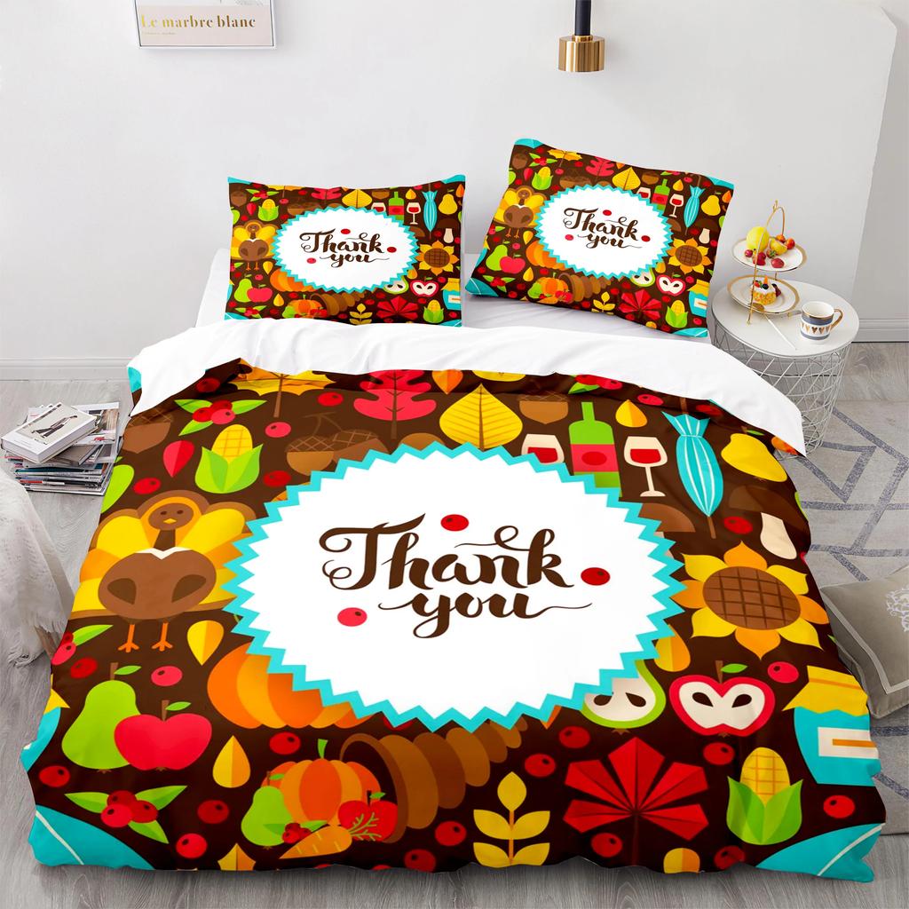 Thanksgiving King Queen Duvet Cover Lovely Cartoon Turkey Pattern Bedding Set For Kids Teens Festival Soft Polyester Quilt Cover