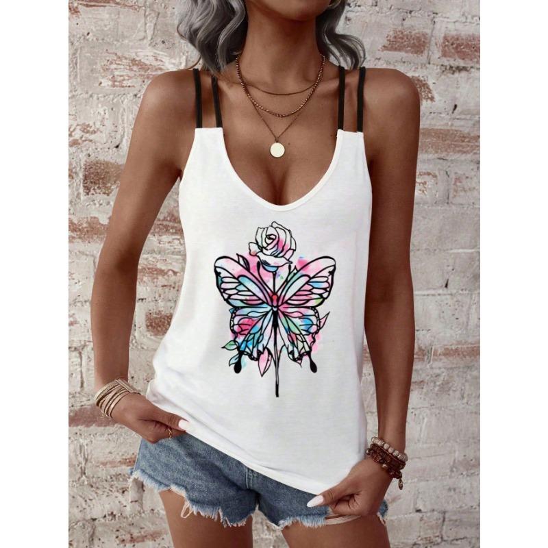 Womens V Neck Double Strap Tank Top With Dragonfly Print Casual Solid Color Sleeveless Blouse