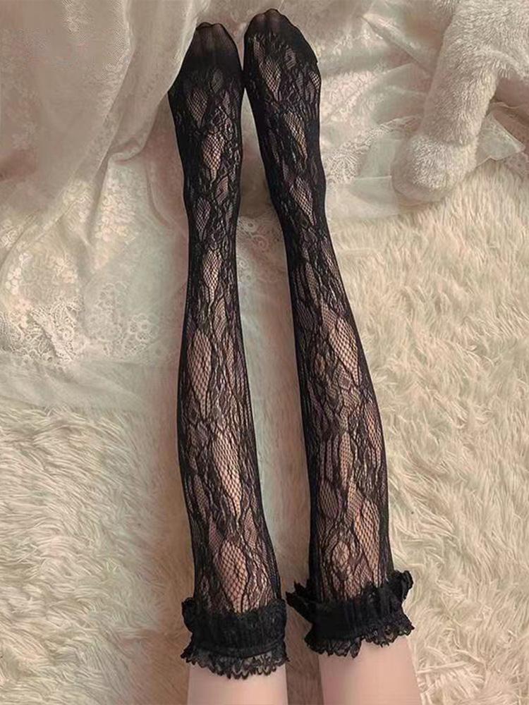 White Wisteria Knee Length Stockings Lace Lace Over Knee Tower Thin Long Tube Stockings Women JK Long Stockings