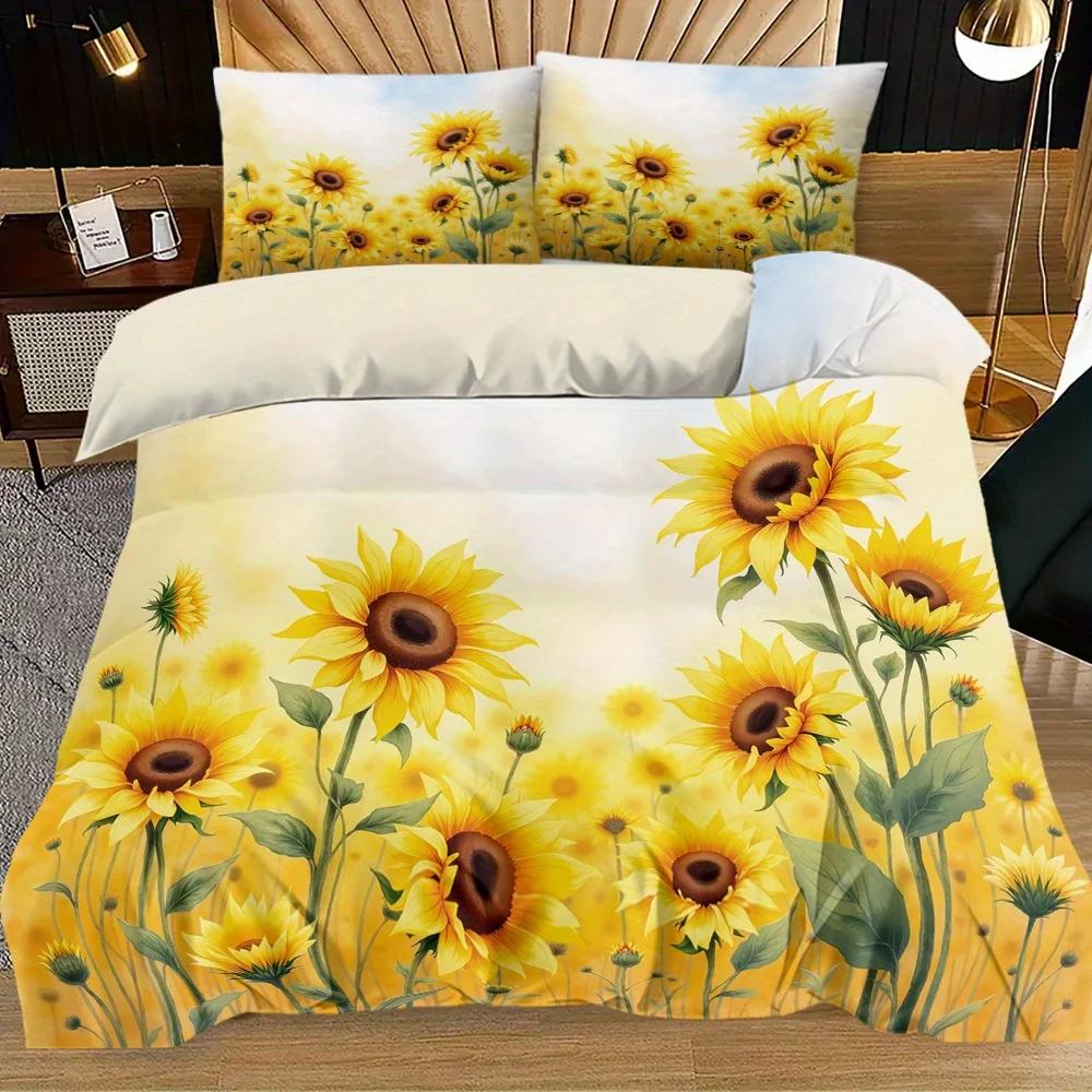 3-teiliges Steppdecken-Set mit Sonnenblumenfeld-Illustration - Enthält 1 Bettdeckenbezug und 2 Kissenbezüge (ohne Füllstoffe)