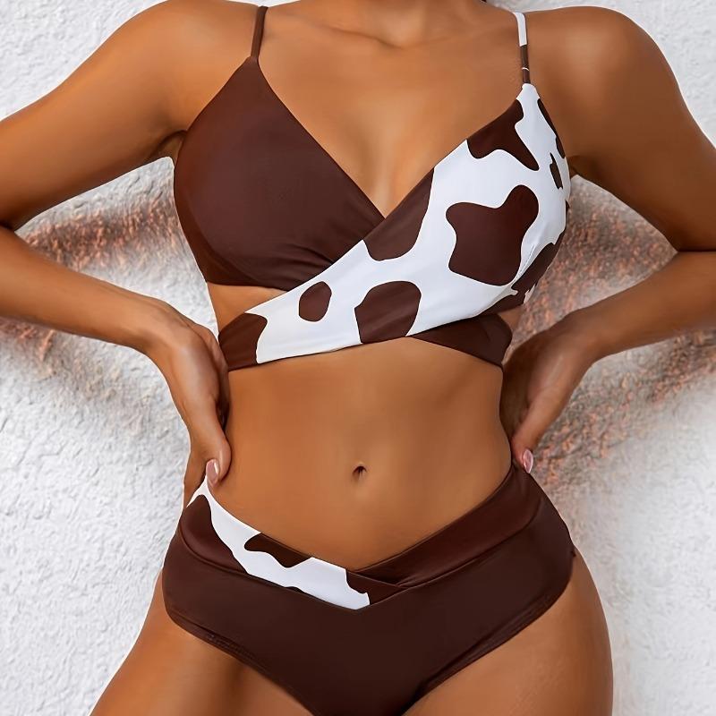 2025 Cow Print Patchwork Swimsuit Women High Waist Two- Piece Bikini Cross V-neck Bathing Suit Lace-up Backless Beach Swimwear