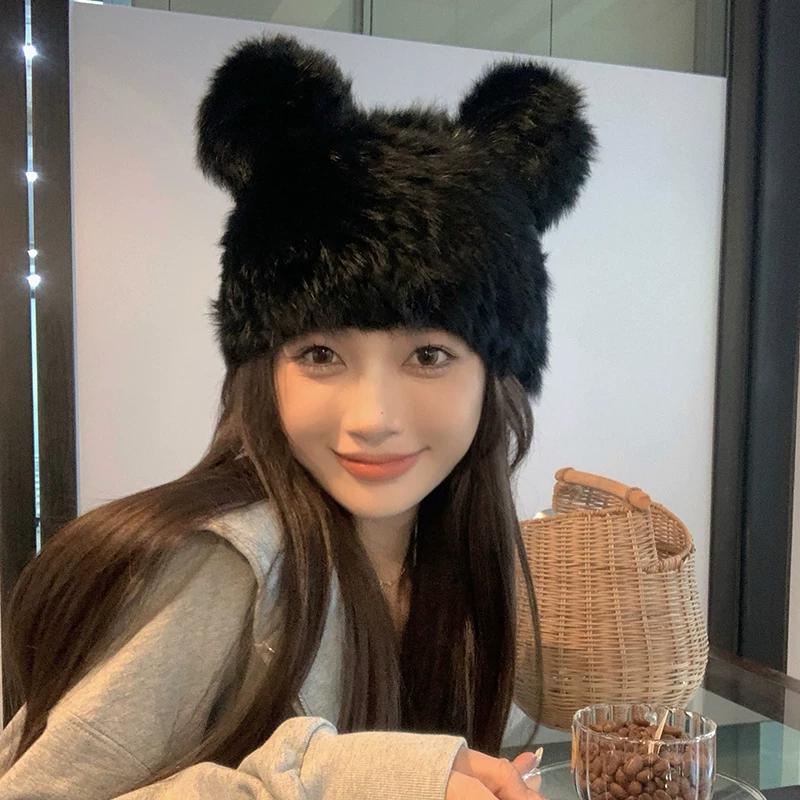 Mickey Ears Rabbit Hair Hat Women's Autumn and Winter Thickened Cold-proof Warm Baotou Hat Plush Fur Cute Headscarf Hat
