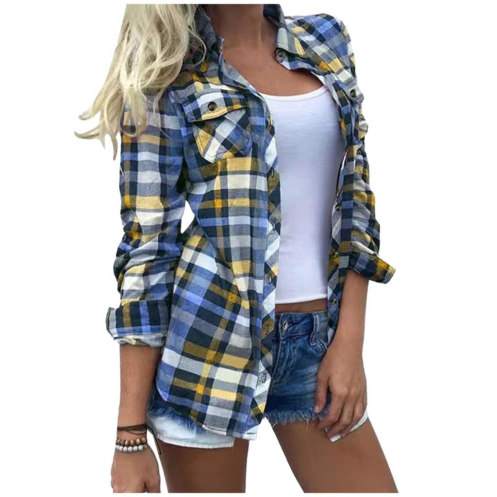 Women's Fashion Casual Long Sleeve Plaid With Pocket Button Cardigan Jacket