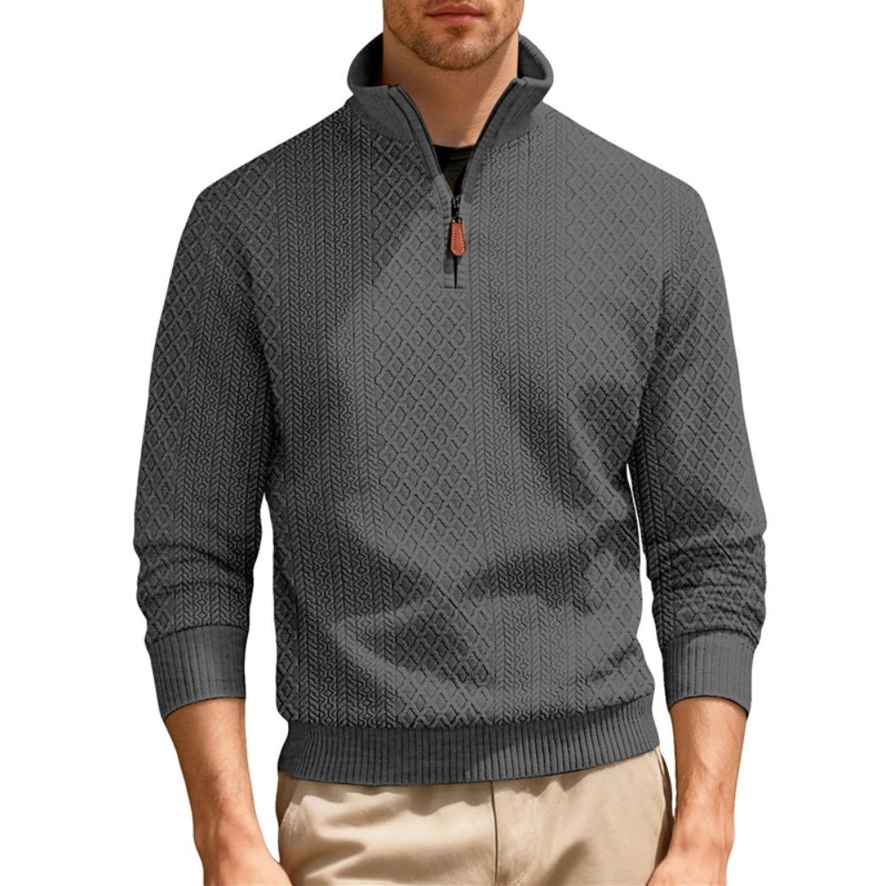 New American Fashion Men Sweatshirts Casual Loose Stand Collar Zip-up Long-sleeved Pullover Leisure Jacquard Solid Color Tops