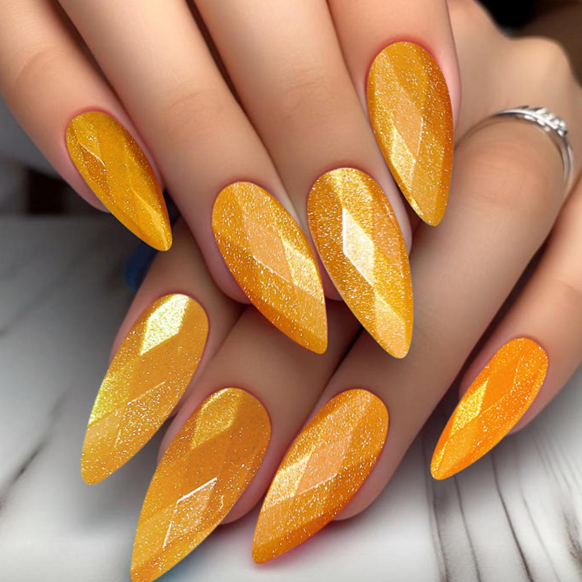 Golden Yellow 3D Rhombus Grid Almond-Shaped False Nails, 24 Pcs Pack