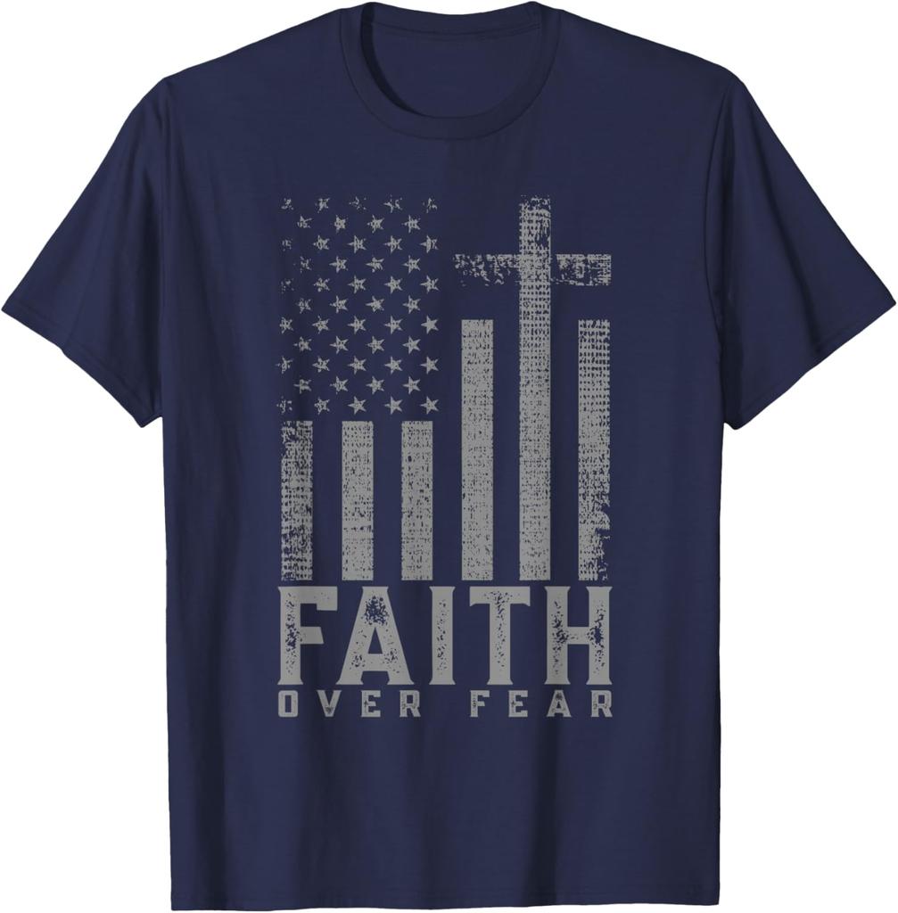 Faith Over Fear Cool Christian Cross American USA Flag TShirt 100 Cotton ONeck Short Sleeve Summer Casual Mens Tshirt