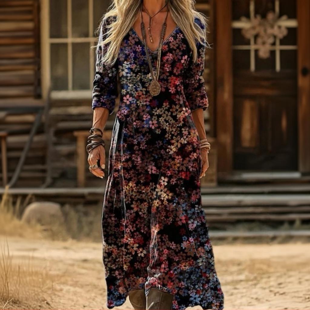 Women's Vintage Ethnic Floral Print Long Sleeve Dress Bohemian Vacation Beach Maxi Dress with V Neck and Relaxed Fit
