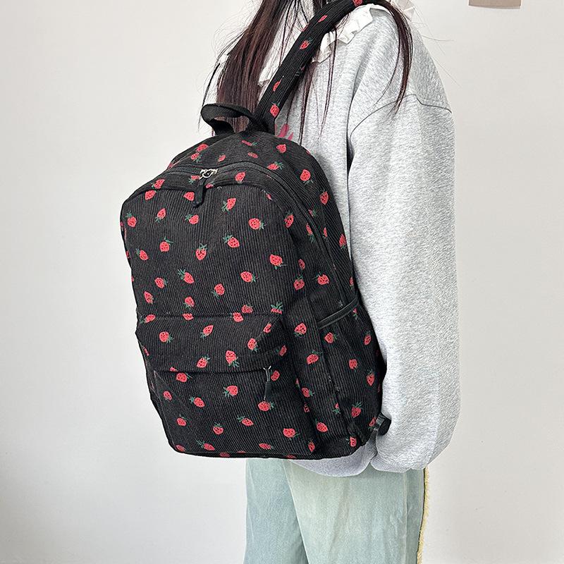 Schoolbag Korean version college student corduroy cute strawberry backpack sweet hipster travel small backpack