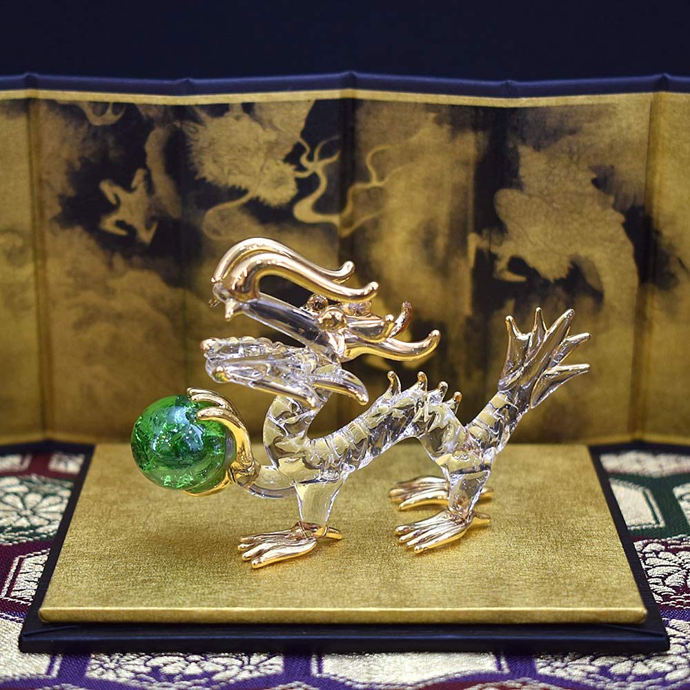 Four Cart Handmade Glass Feng Shui Good Health Dragon Statue, 2-inch X 3-Piece Set