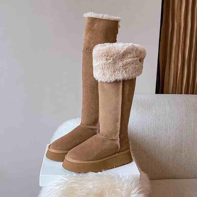 Women's Fur One Thick Bottom Winter Lightweight Warm Flip Fold Two Wear Snow Boots Non-slip Wear Casual Sneakers Long Cotton Boots