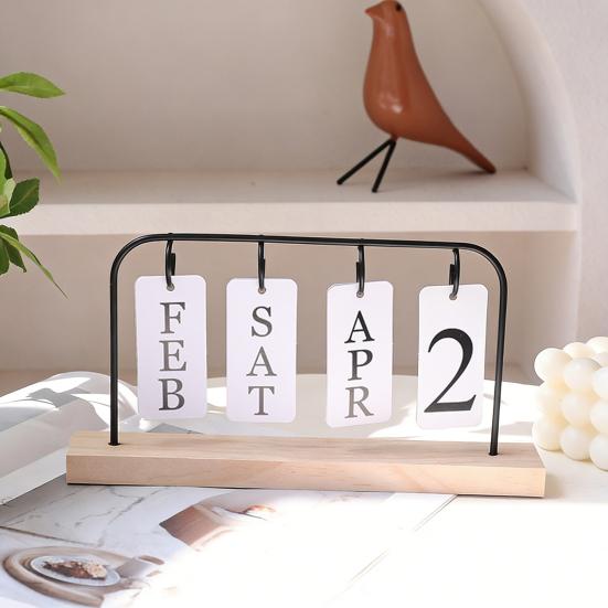 Metal Flip Calendar with Wooden Base Daily Perpetual Desk Calendar Turn Page Month Date Display Standing Desktop Planner for Office Home