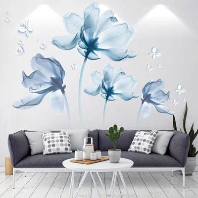 3D Blue Romantic Flower Wall Sticker Removable Self Adhesive Wallpaper for Bedroom Home Decor Decorative Background