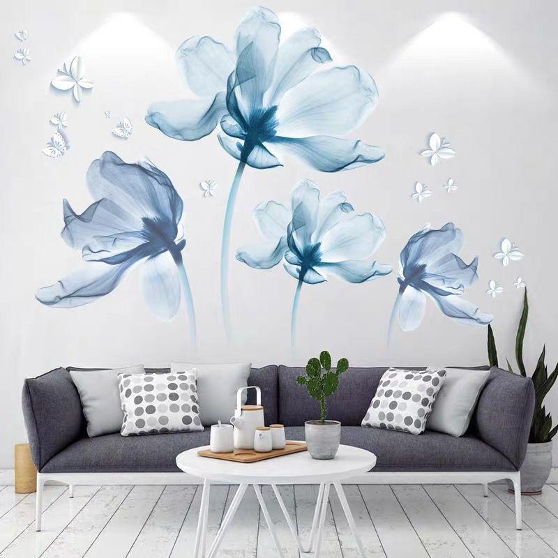 3D Blue Romantic Flower Wall Sticker Removable Self Adhesive Wallpaper for Bedroom Home Decor Decorative Background