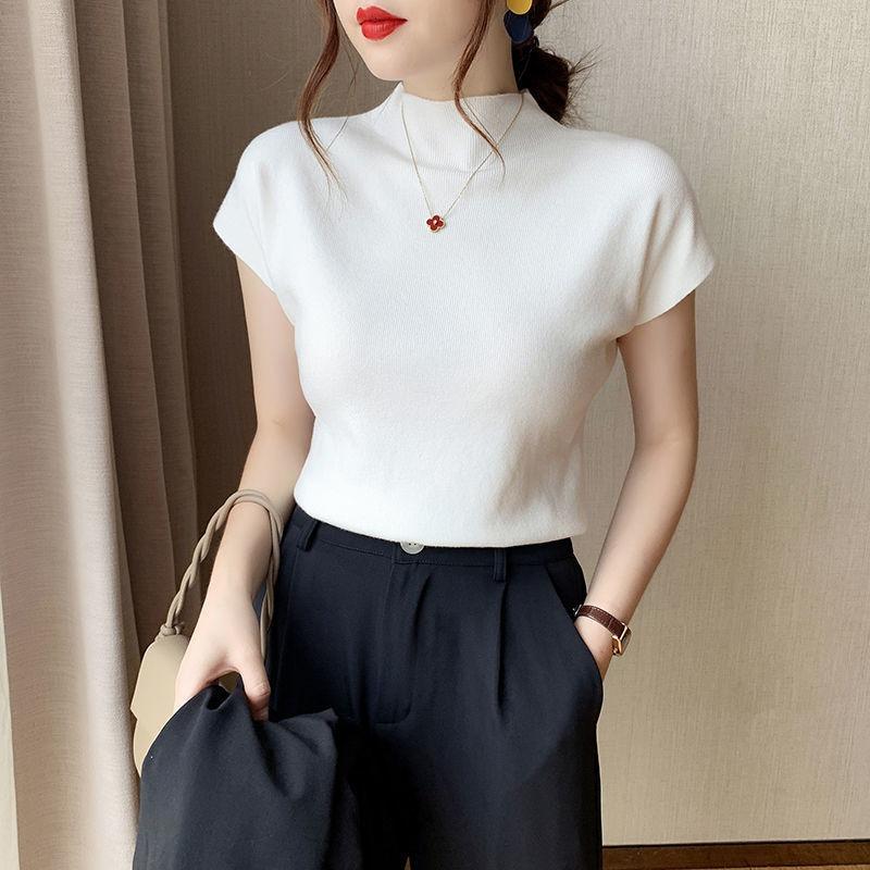 

Летние новые трикотажные однотонные повседневные рубашки женские топы с коротким рукавом облегающие свободные блузки с высоким воротом женские элегантные модные офисные женские блузки 26264 One Size белый