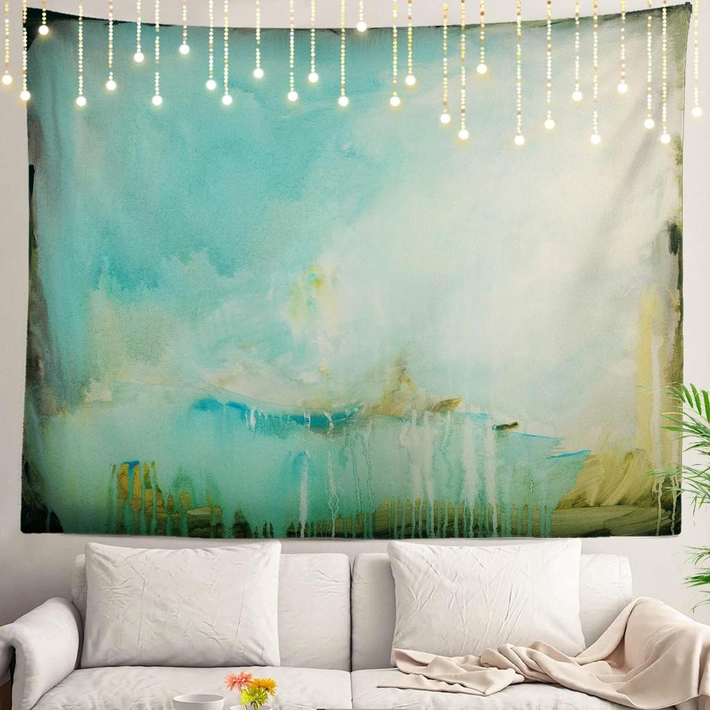 Navy Blue Watercolor Mountains Wall Tapestry, Sky Wall Hanging Large Tapestry Decoration Polyester Fiber White Hem Around for