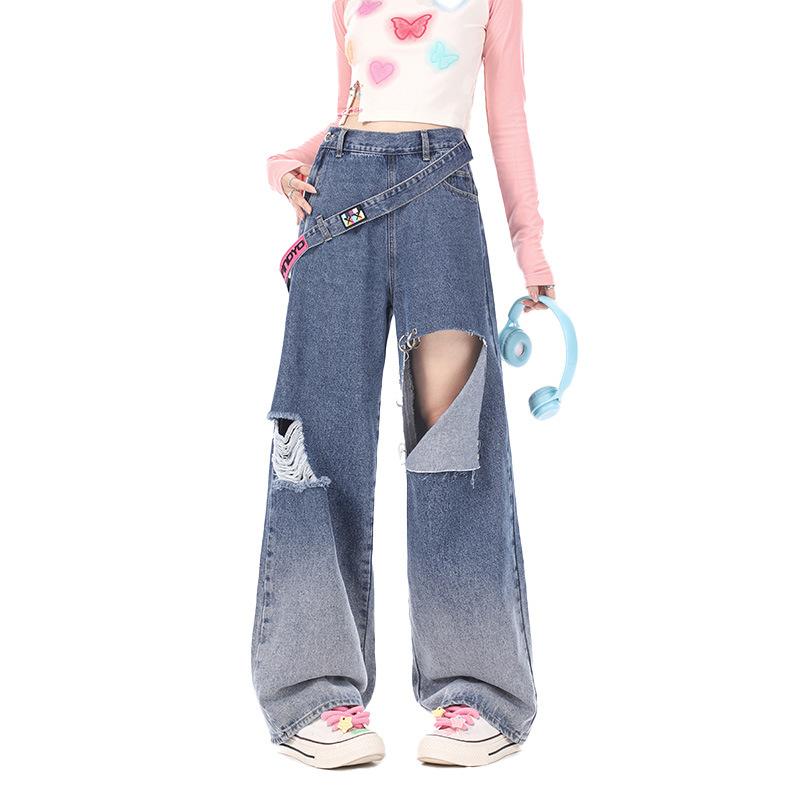 

Женские потертые джинсы с боковой молнией в американском стиле. Тонкая одежда. Тяжелое мастерство. Широкие брюки с высокой талией. Уличные длинные брюки. L синий