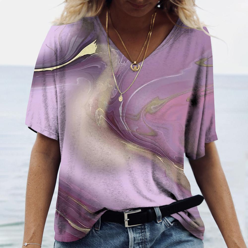 New Marble Gradient 3D Print T-Shirts Women V-Neck Short Sleeve T Shirt Y2k Harajuku Oversized