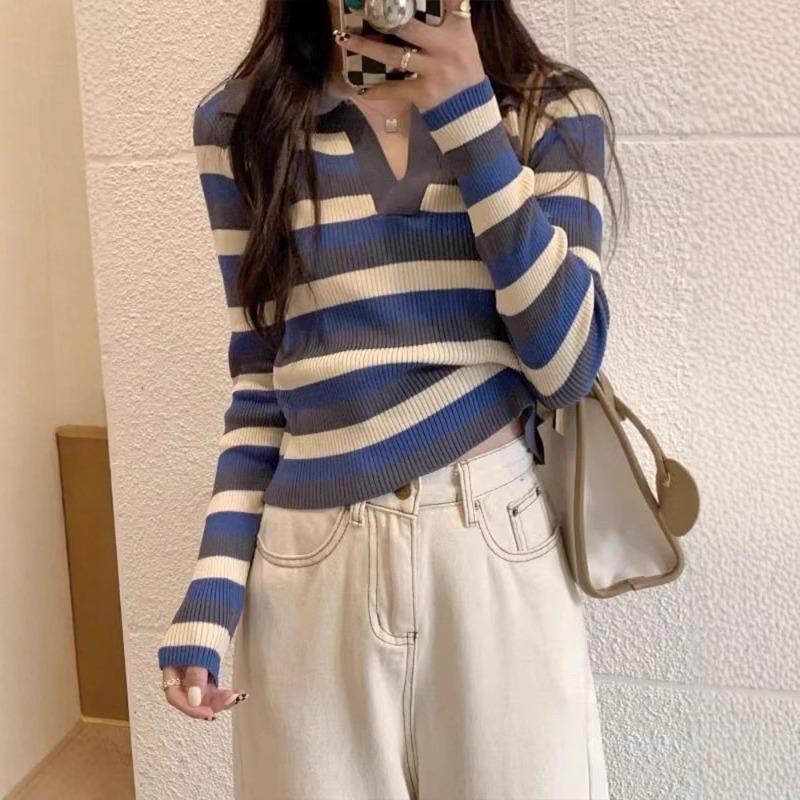 Lo lapel striped knitted sweater women's early autumn new thin short long-sleeved top