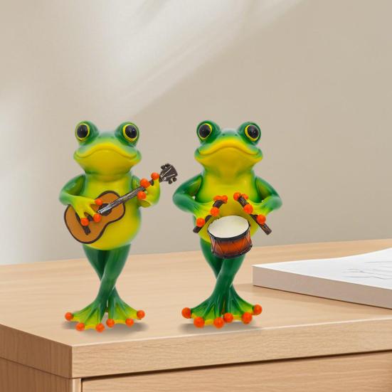 Guitarist Frog Figurine Resin Drummer Frog Sculpture Animal Decoration Frog Statue for Home Office Desktop Decor