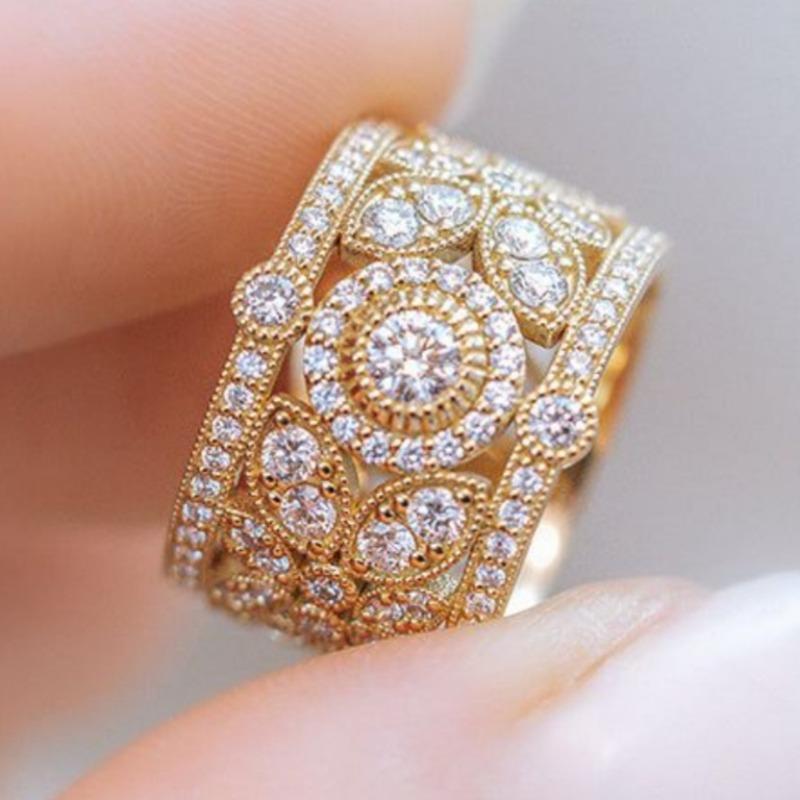 Luxury Inlaid White CZ Women's Ring Sparkling Gold Color Geometry Daily Wear Party Jewelry Anniversary Gift