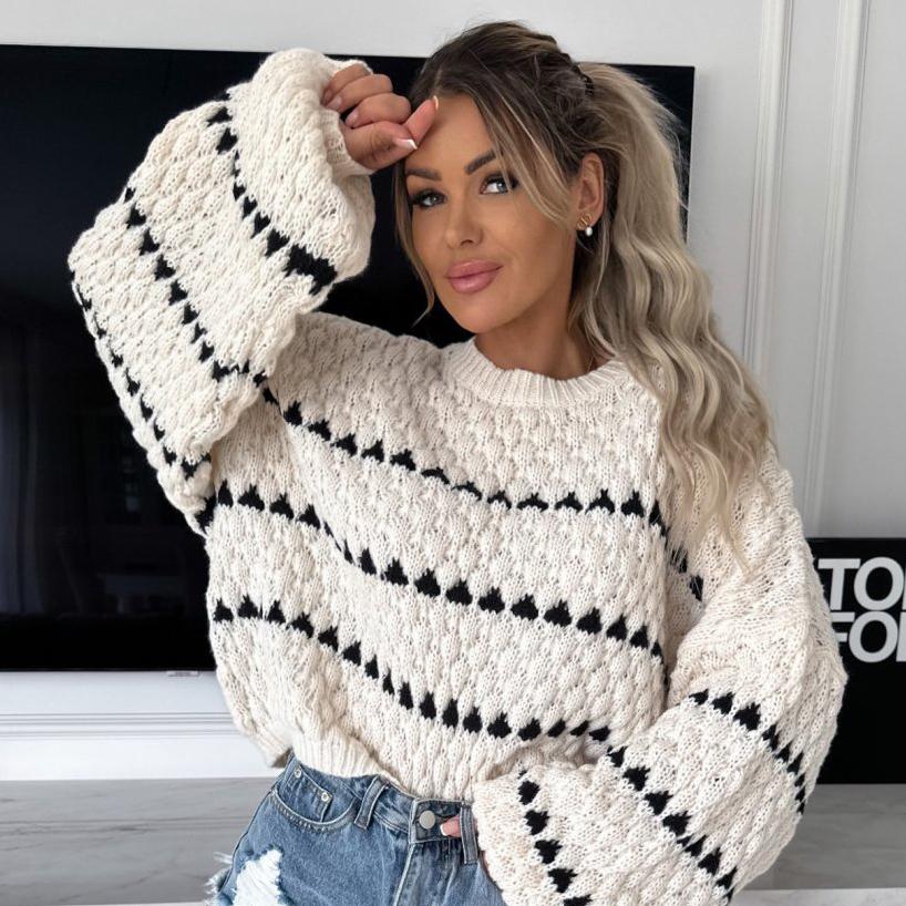 Pulover de toamnă-iarnă pentru femei, supradimensionat, cu dungi, cu gât O, pulover lejer casual, pulovere tricotate pentru femei