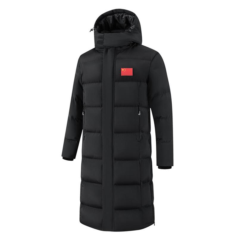 Chinese Captain Style Down Coat for Sports Students - Knee-Length, Winter Training Outerwear, National Costume-Inspired Long Robe