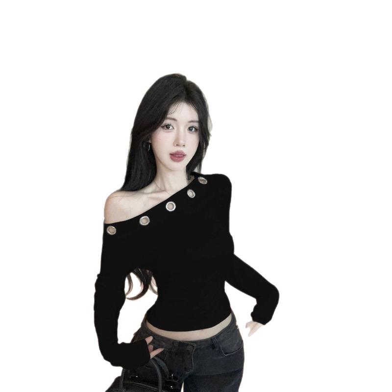 Sexy Rivet Off Shoulder Long Sleeve Fitted T Shirt For Women
