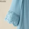 ZANZEA Women Casual V-neck Lace Splice 3/4 Sleeve Loose Blouse