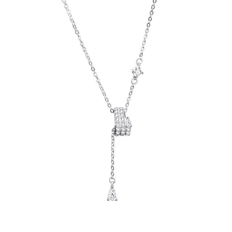 S925 Sterling Silver Snake Necklace with Water Drop Tassel & Inlaid Diamonds - Women's Versatile Clavicle Chain