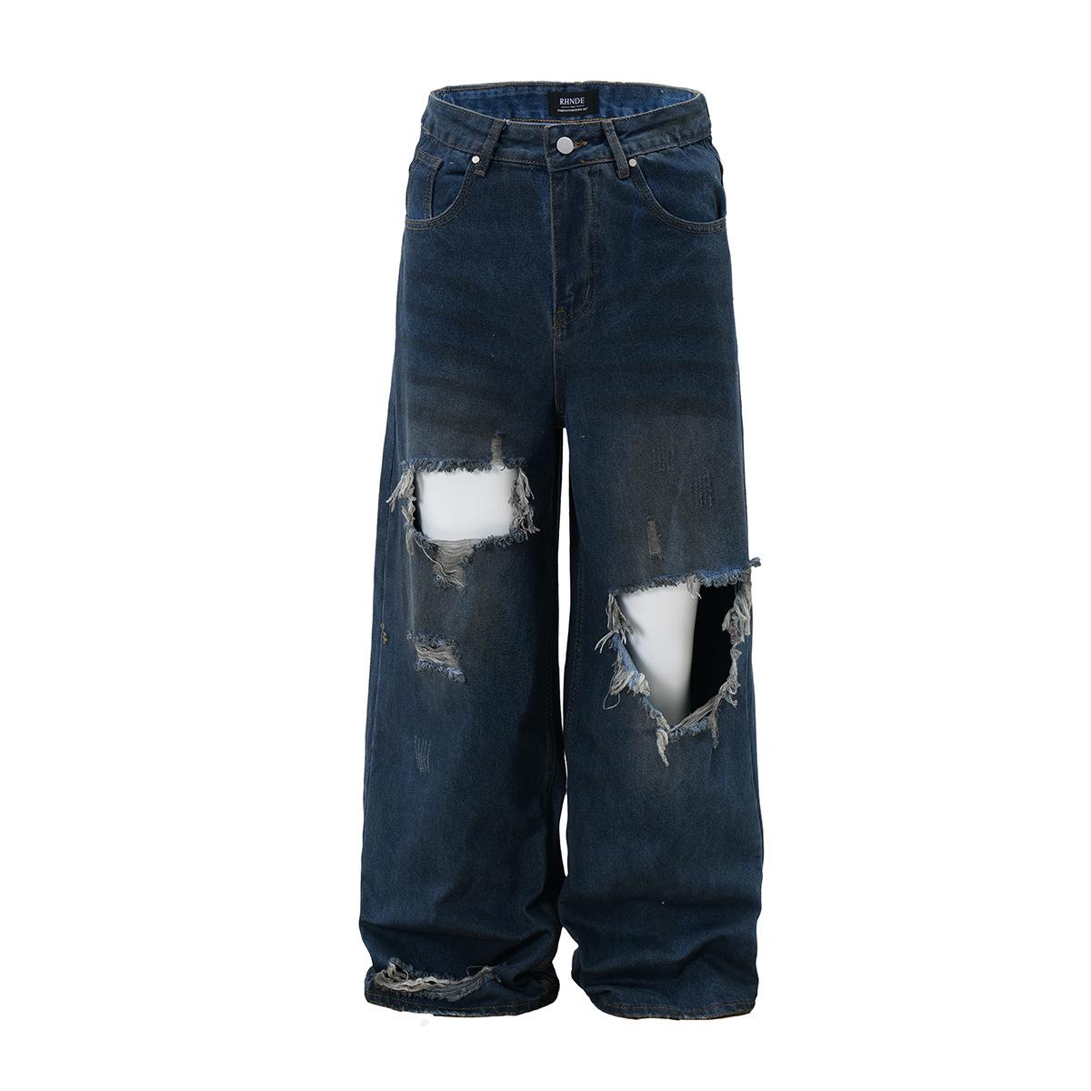 Men s clothing American high street RO wind heavy washed ripped jeans wide leg trousers men S