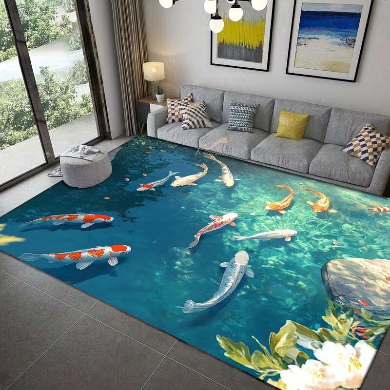 Colorful Koi Fish Swimming Pattern Printed Area Rug Creative Carpet Soft Comfortable for Bedroom Living Room Home Decor Fun Gift