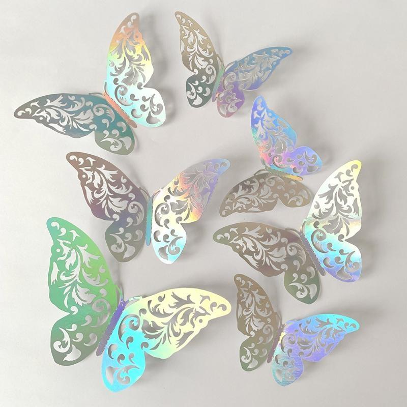 12 Pcs Holographic 3D Butterfly Wall Decals Hollow Carved Design Iridescent Shine For Home Decor Kids Room Wedding Party