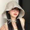 Women'S Wide-Brimmed Foldable Bucket Hat With Drawstring Korean Style Striped Panama Outdoor Hiking Hat Sun Protection Hat