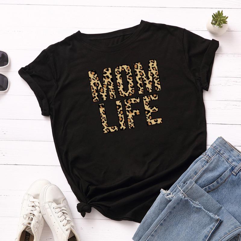 Summer Women's Leopard Print Creative Text MOM LIFE Print Loose Round Neck Short Sleeved Pure Cotton T-Shirts Women’s