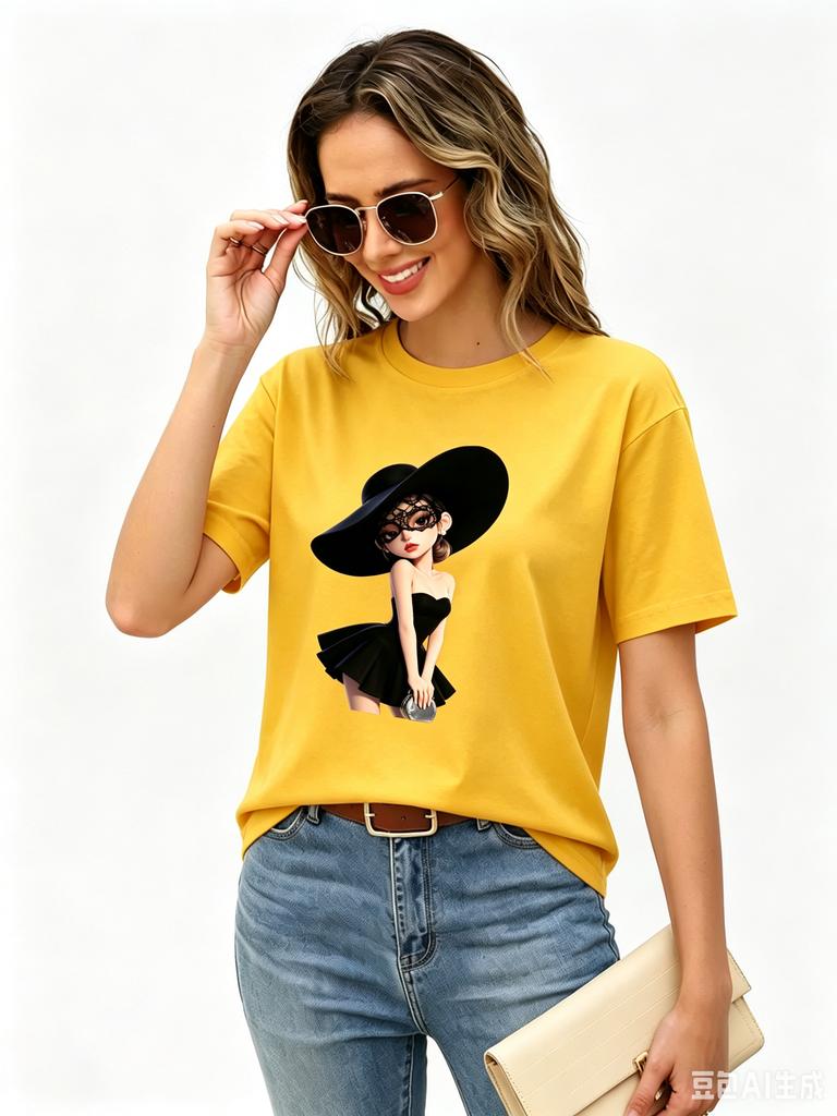 Cotton Cartoon Elegant Lady With Big Black Hat Print Women T Shirt Fashion Doll Graphic Crew Neck Loose Short Sleeve YK
