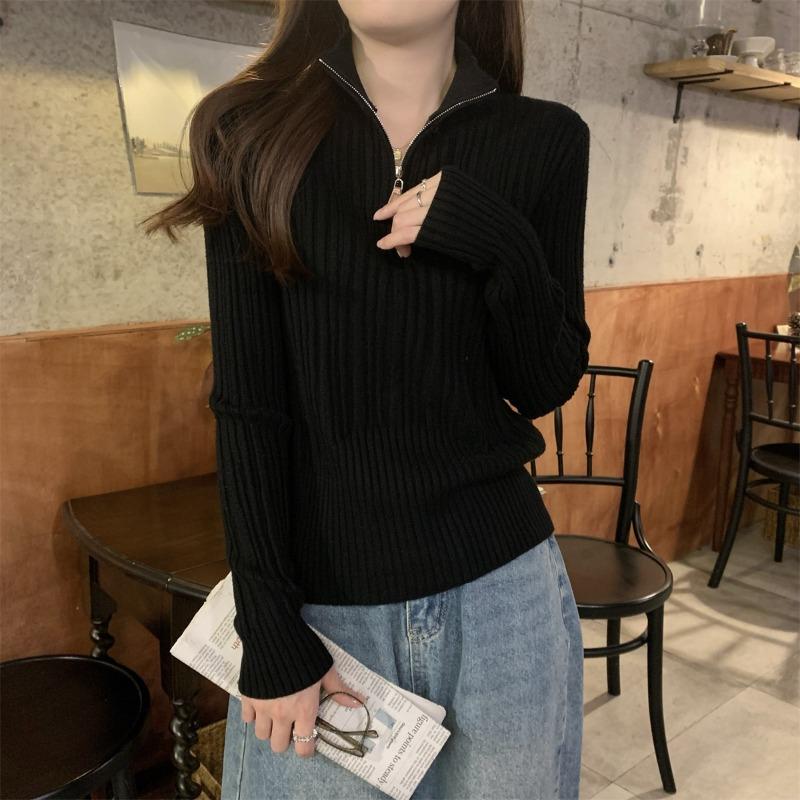 Black sweater autumn and winter semi-turtleneck zipper knitted sweater women's texture feeling inside with a base long-sleeved versatile top