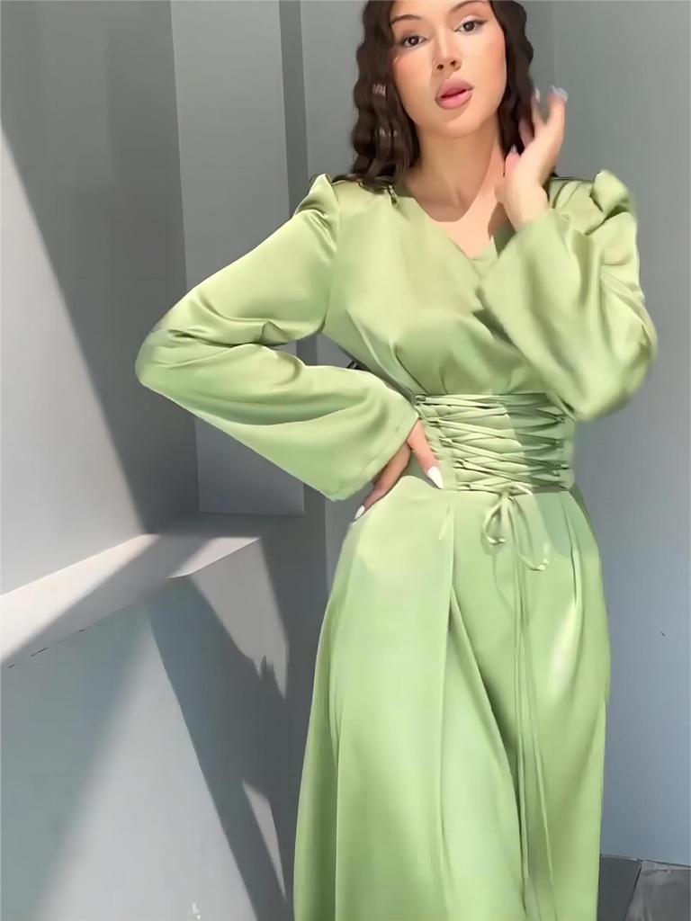Waist-Cinching V-Neck Long Sleeve Elegant Dress 2024 - Slim-Fitting European & American Style