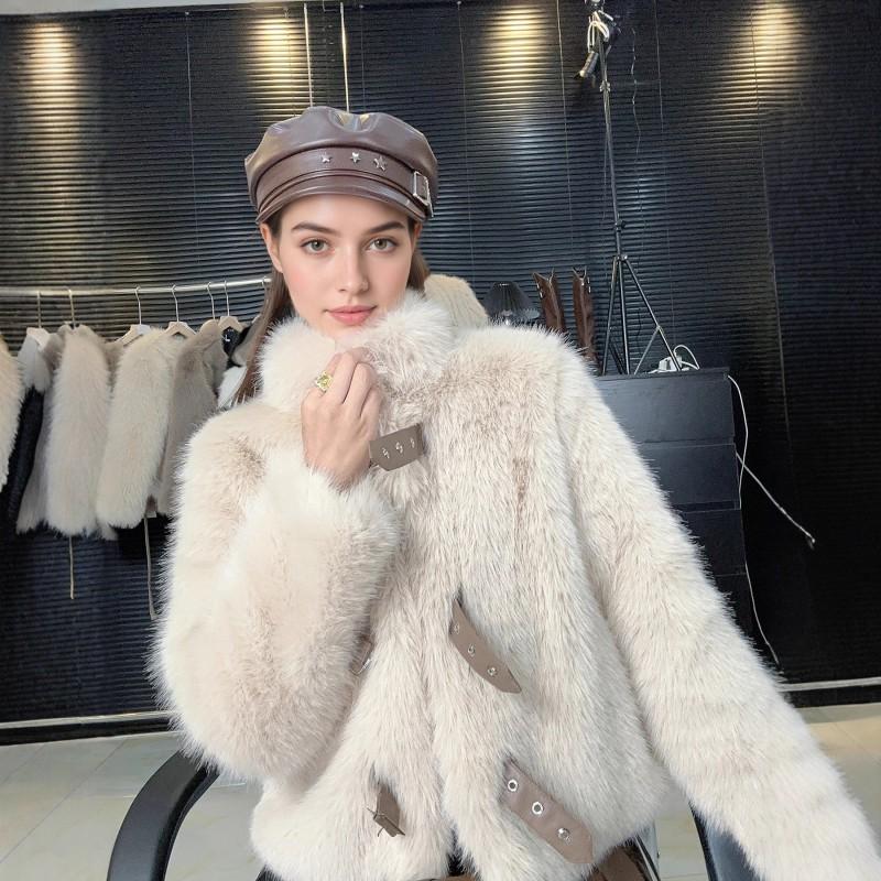 Womens Faux Fur Coat With Leather Trim Stand Collar Short Length Winter Outerwear In Beige Cocoa Black