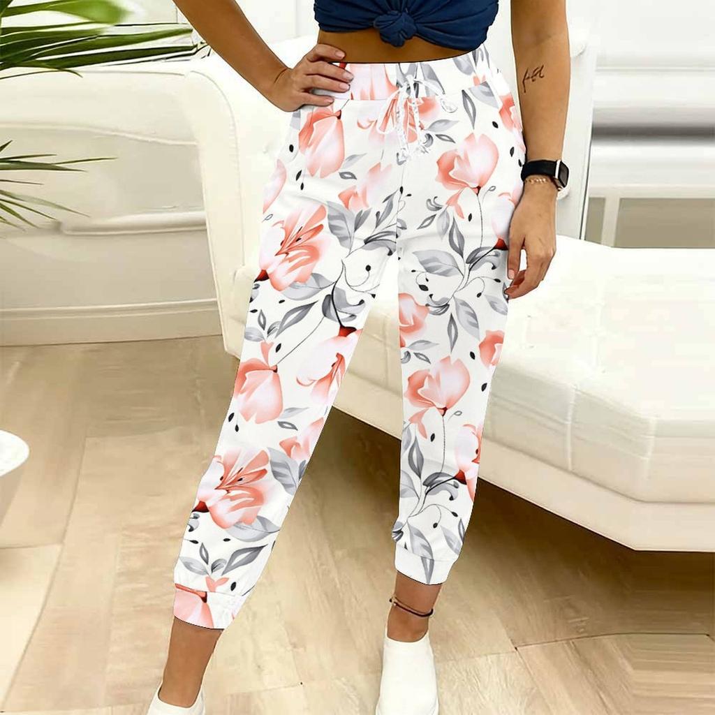 Summer Ladies Blossoms Plants Printed Sweatpants Loose Fit Drawstring Joggers Elastic Cuff Daily Casual Pants