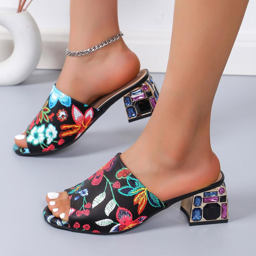 Floral Print Peep Toe Sandals for Women Summer New Fashion Chunky Heel Wedge Shoes Women's Casual Outdoor Slippers Sandalias