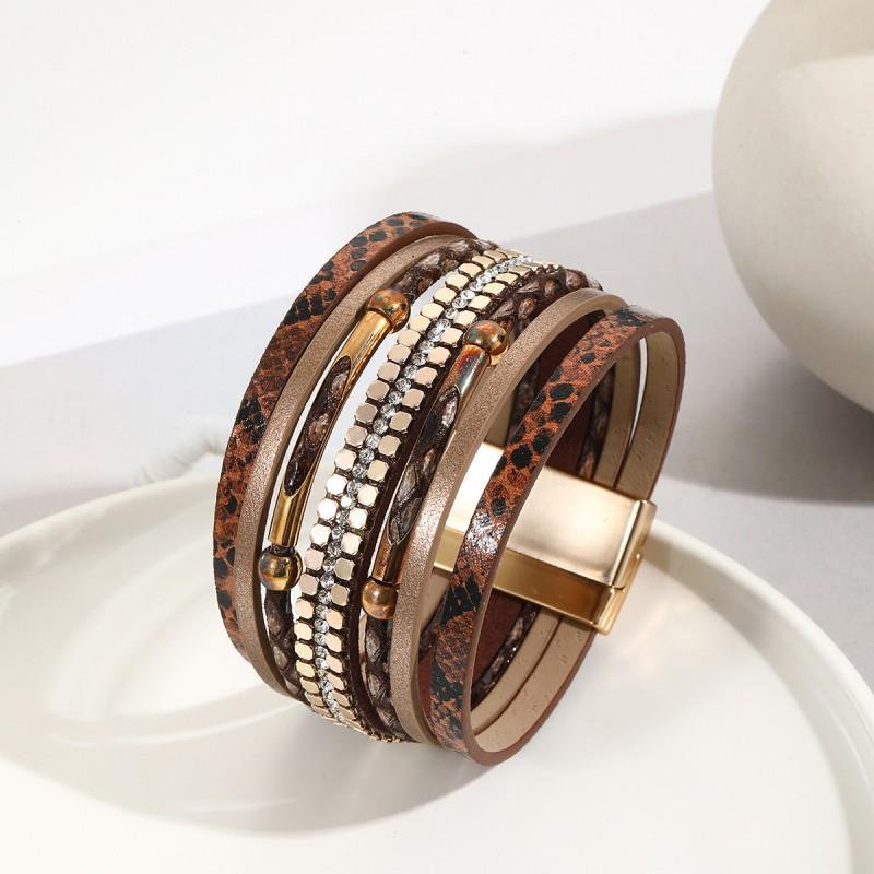 Damen Schlange Haut PU Leder Geflochtenes Armband Mit Magnetverschluss Perlen Anhänger Schmuck