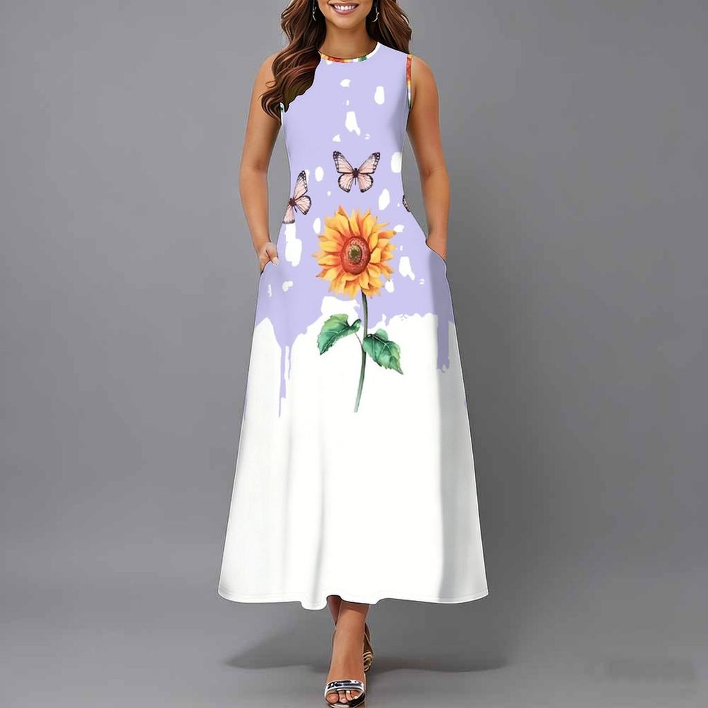 Plus Size Sleeveless Round Neck Dress Retro Tiny Floral Print Flowy Midi Dress