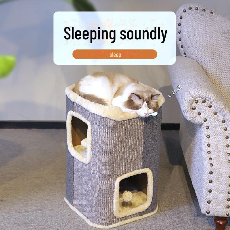"Double-Layer Cat Tree with Warm House, Bed, and Sisal Scratching Board for All Seasons"