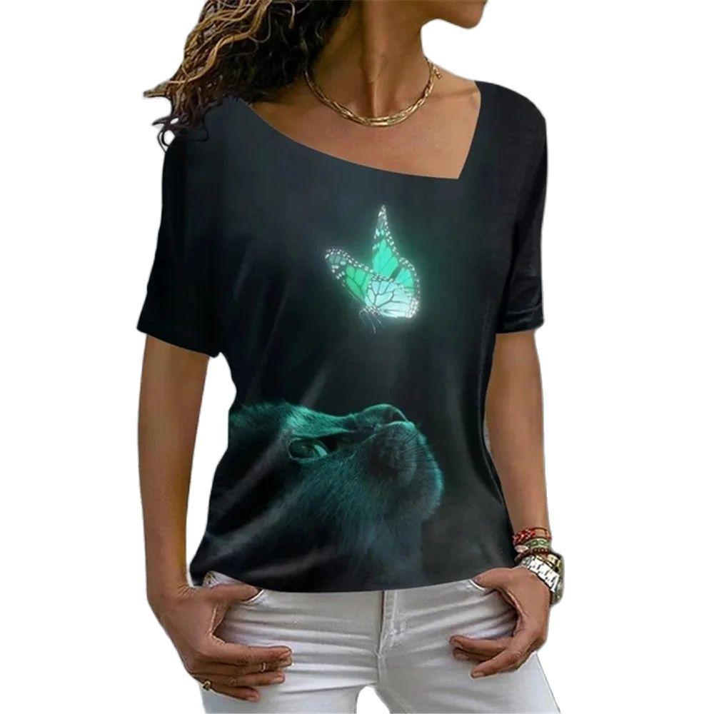 Sexy Scollo Obliquo Gatto Carino Stampa 3D Versatile T-shirt da Donna Vintage Harajuku Manica Corta Estiva Casual Abbigliamento Femminile