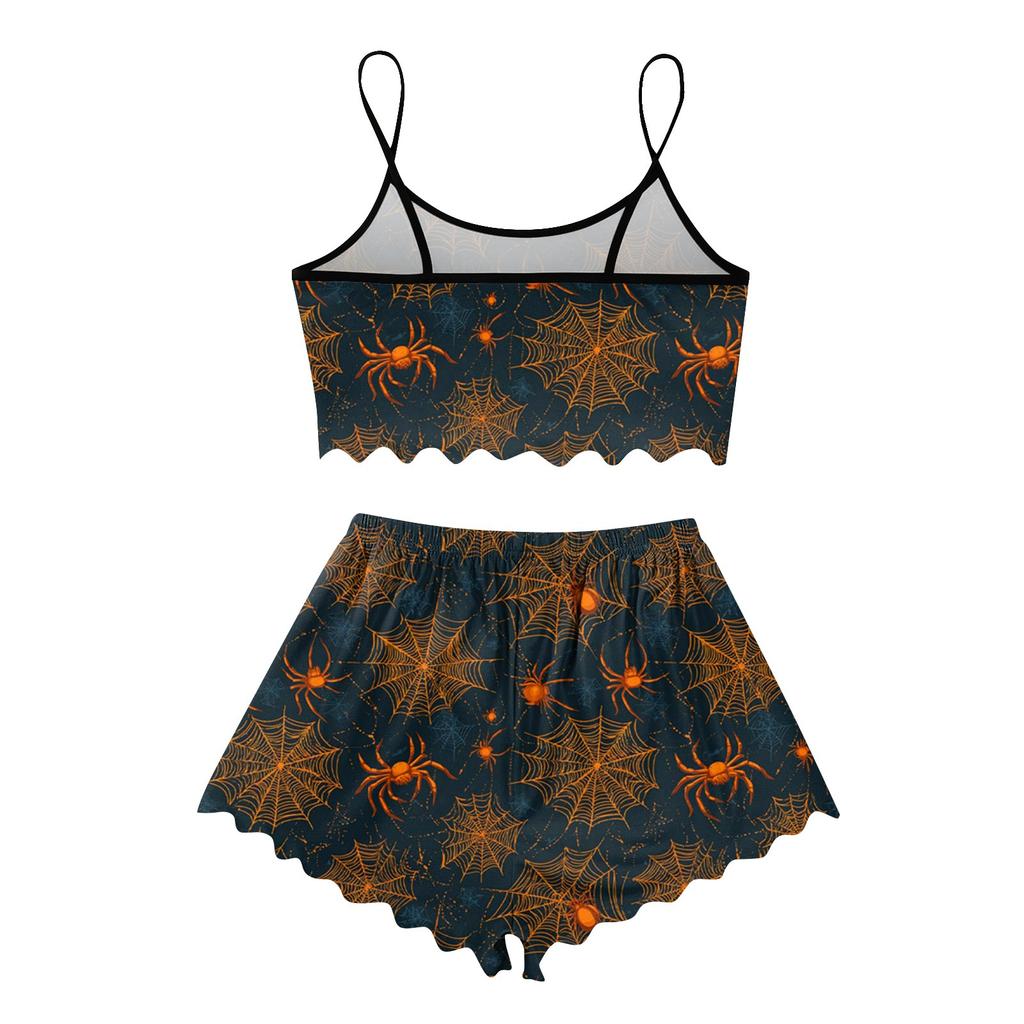 Women's Halloween Set With Retro Floral Print Suspender Sleeveless Vest Shorts Pajama Set